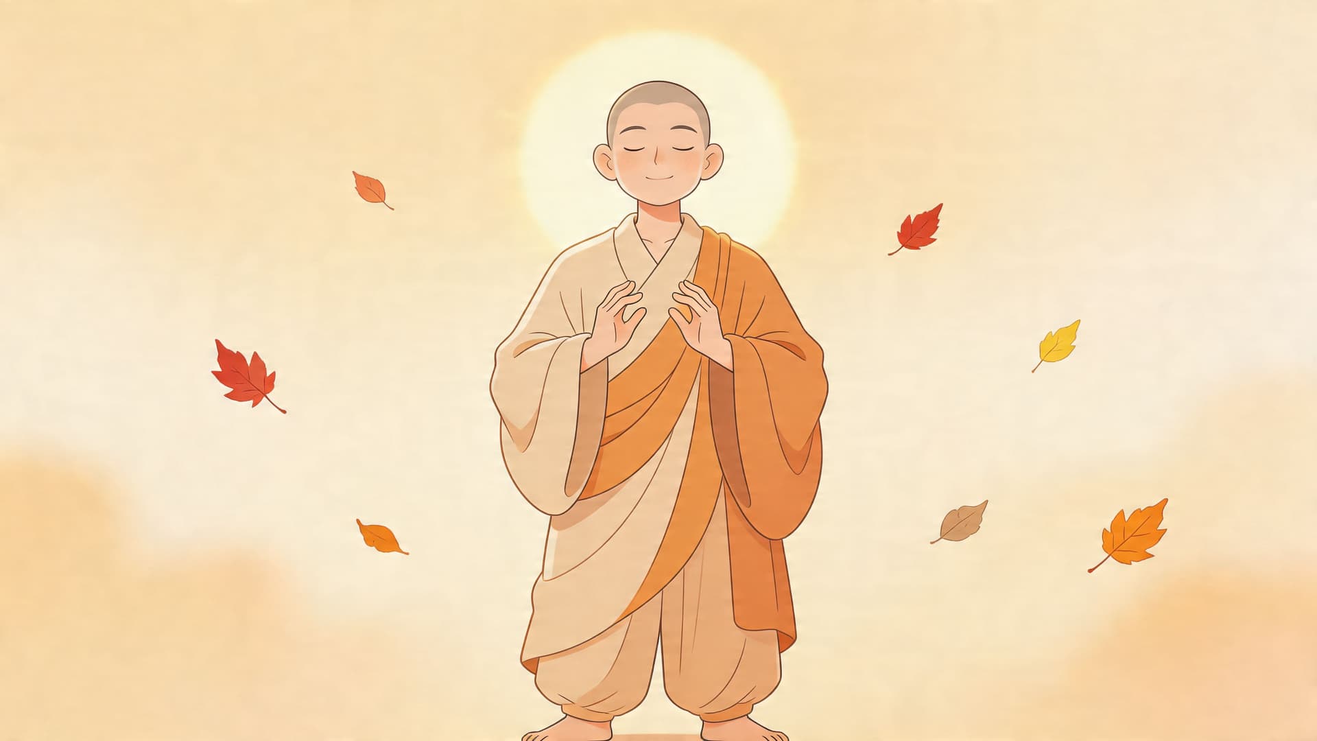A serene cartoon monk with a shaved head standing peacefully amidst gently falling autumn leaves.