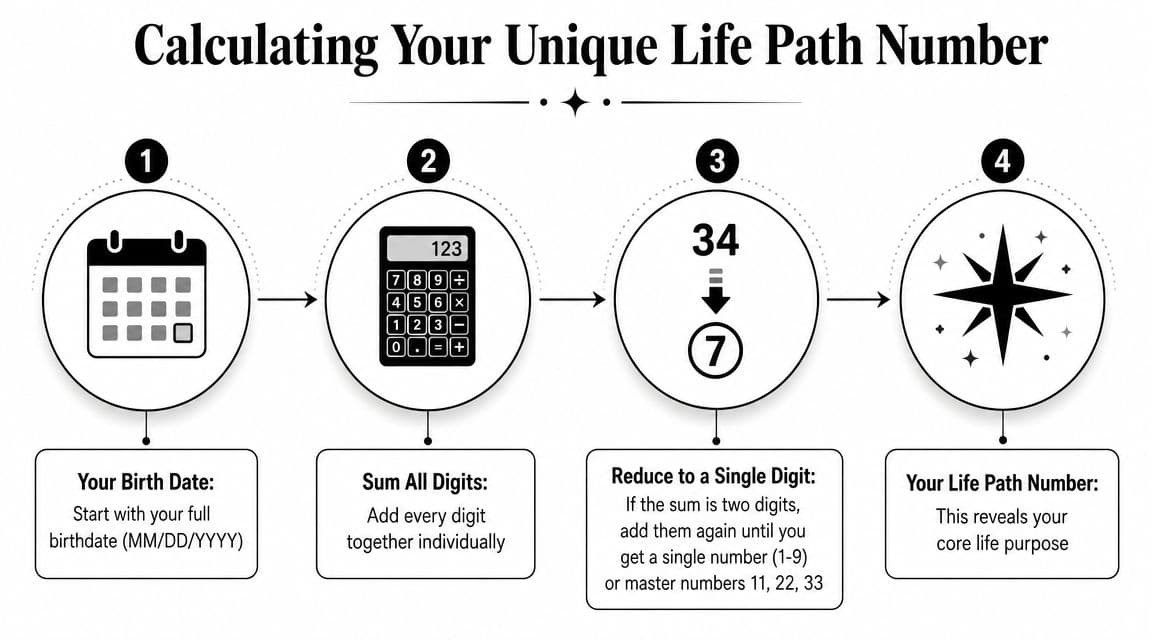 An infographic showing four steps to calculate your unique life path number using your birth date.