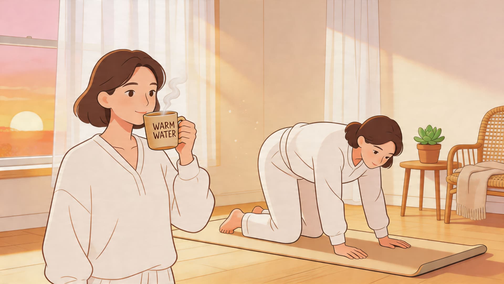 A serene illustration of a woman drinking warm water while another practices yoga in a sunlit room.