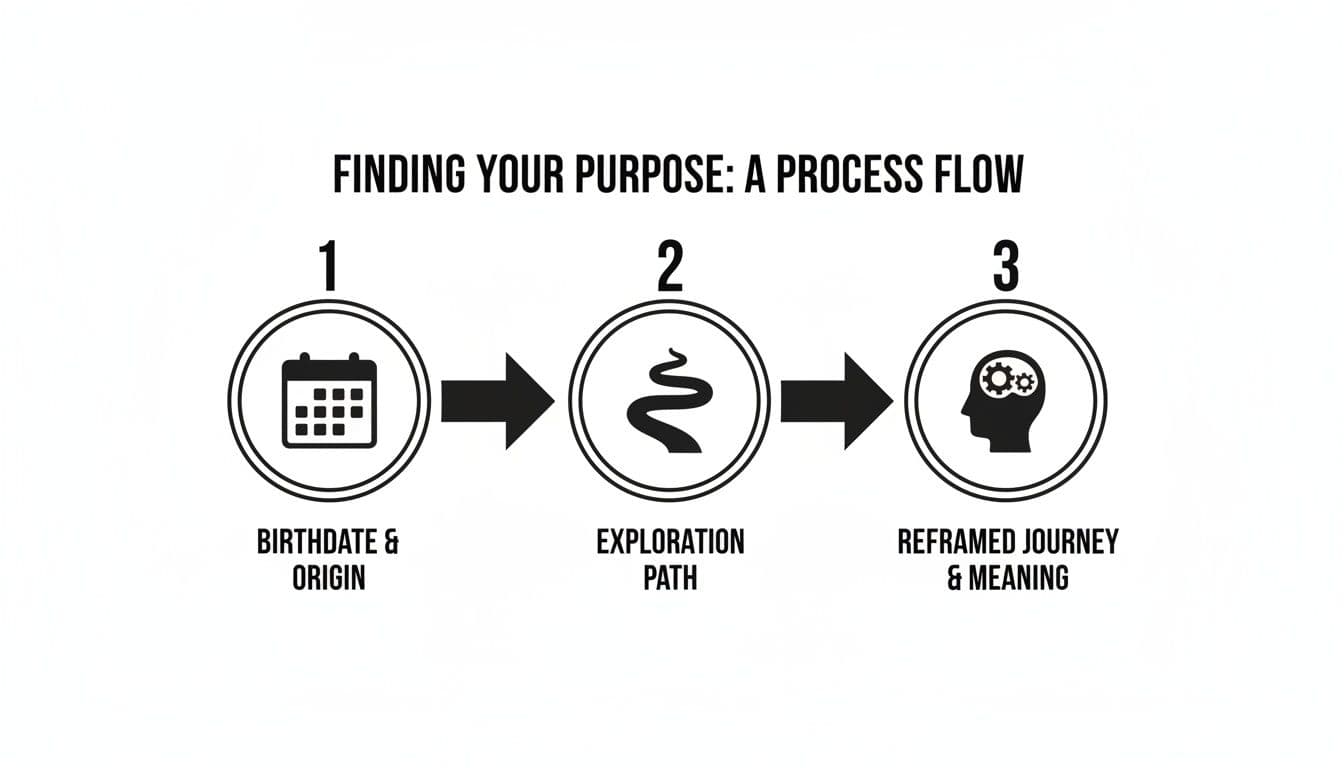 A visual process flow diagram outlining three steps to finding personal purpose and meaning.