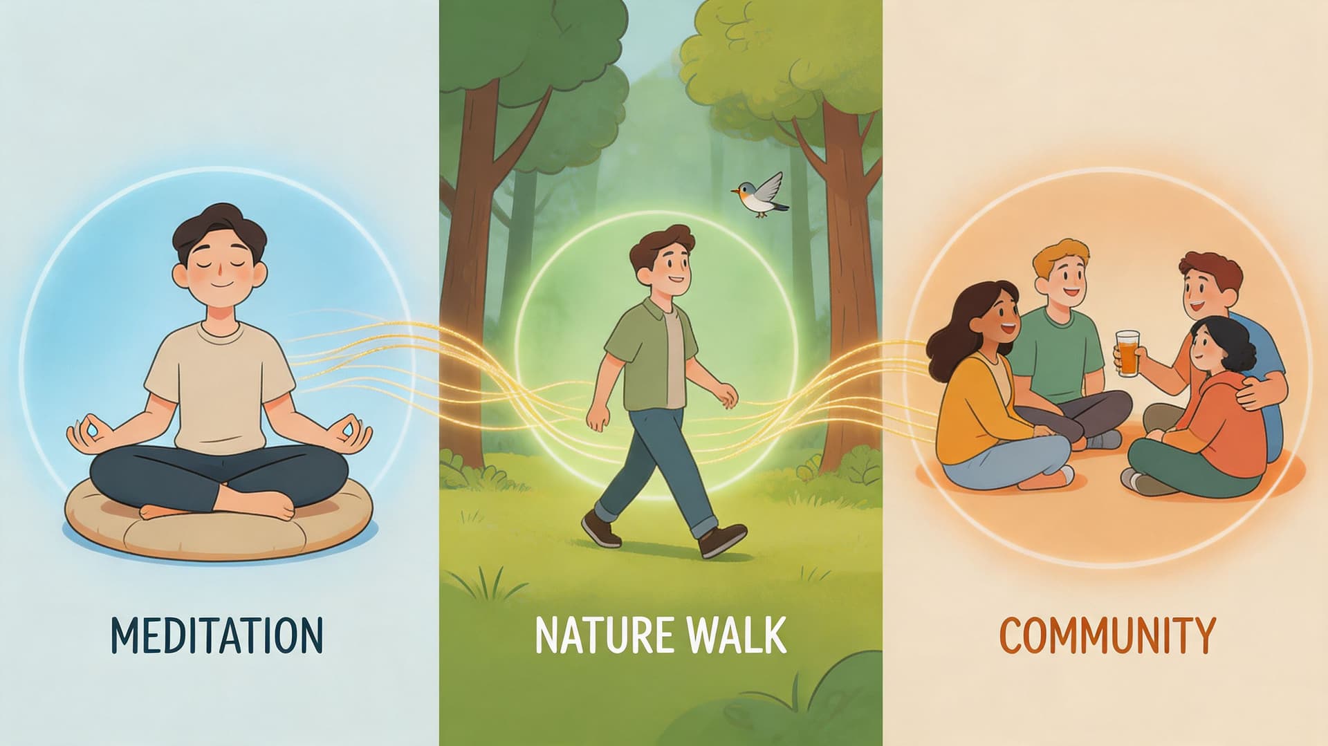An illustration showing three interconnected activities for mental well-being: meditation, a nature walk, and social community.
