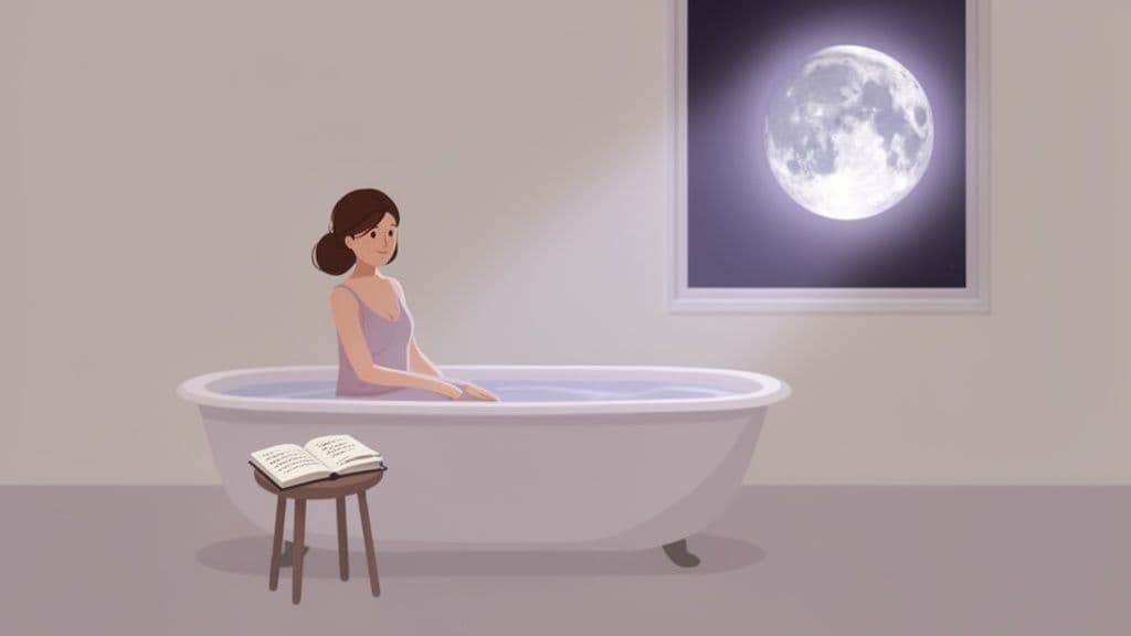 An illustration of a woman relaxing in a bathtub, gazing at a bright full moon through a window.