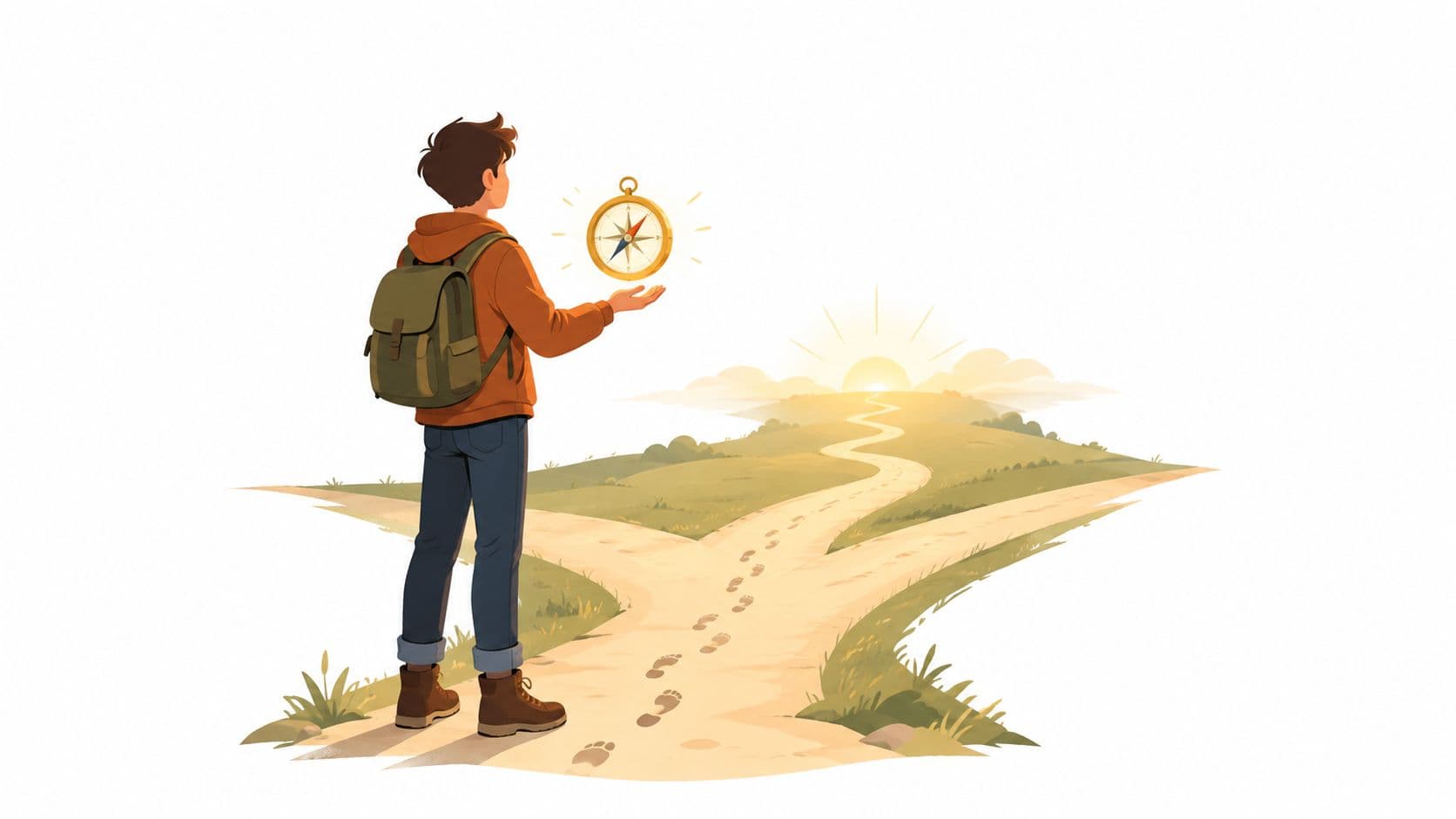 A traveler with a backpack looks at a glowing compass while standing at a fork in the road.