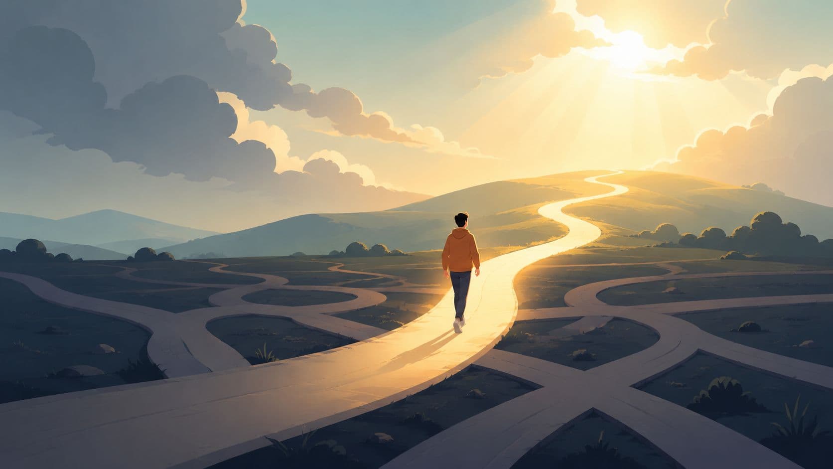 A young person walking on a illuminated path towards a bright horizon surrounded by many diverging roads.