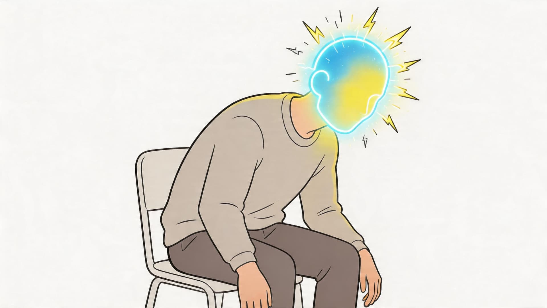A person sitting on a chair with a glowing, energetic head representing mental stress or migraine.