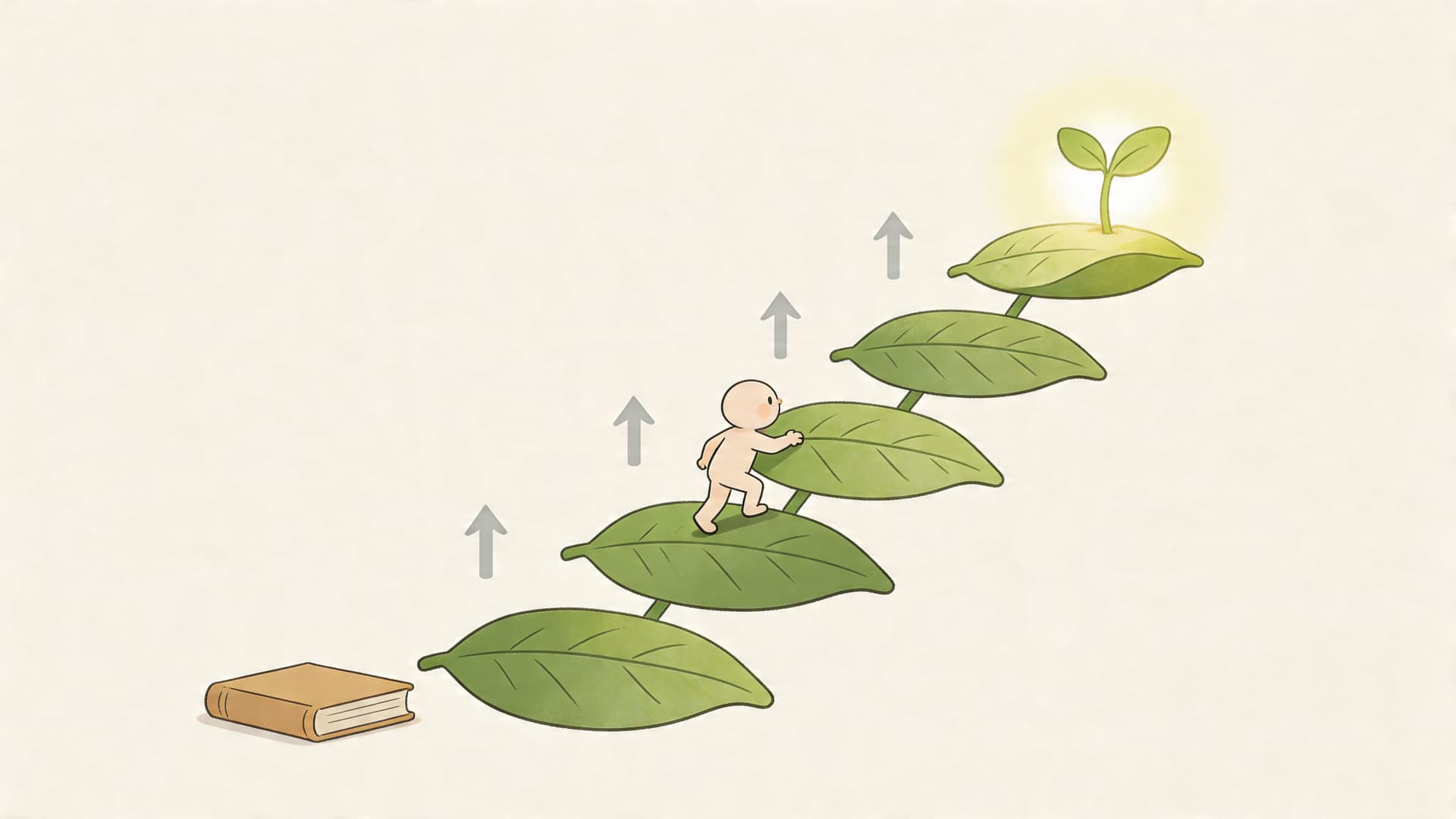 A small character climbing a staircase made of green leaves starting from a closed book.
