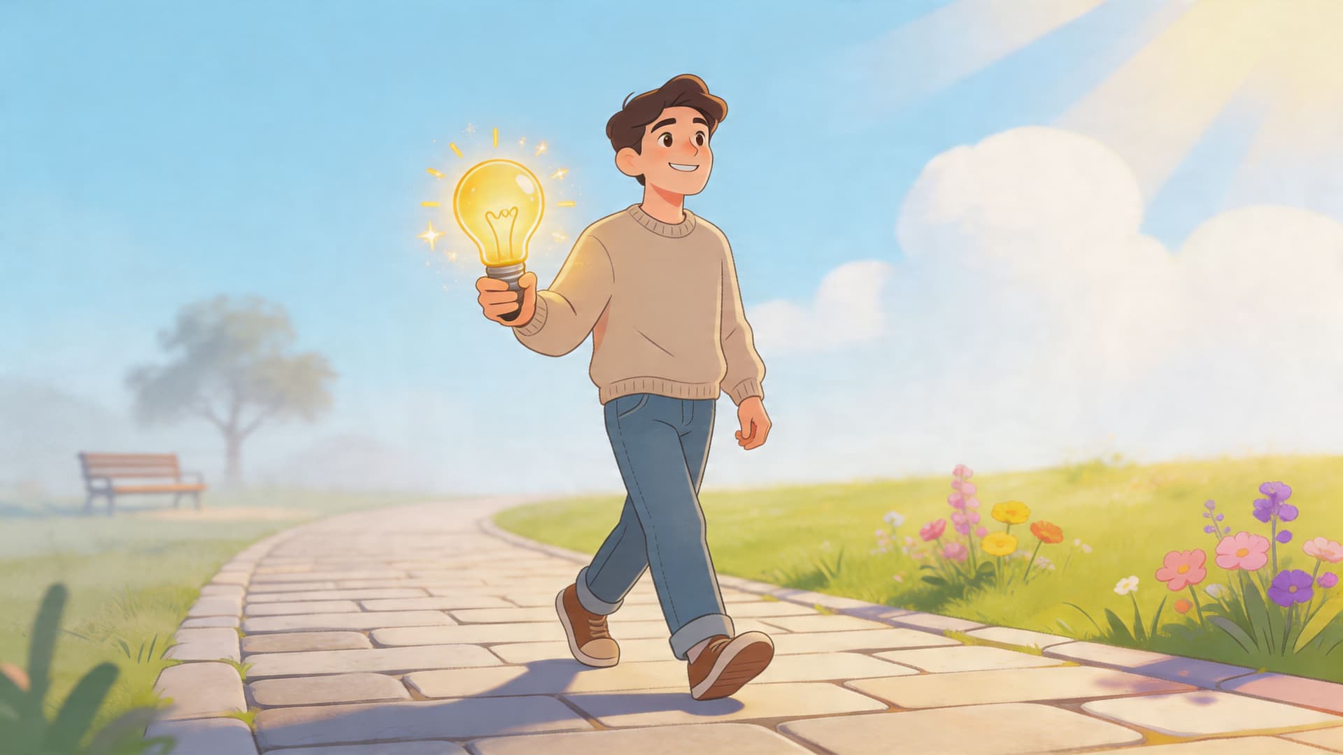 A happy young man walking along a sunny park path holding a glowing lightbulb of inspiration.