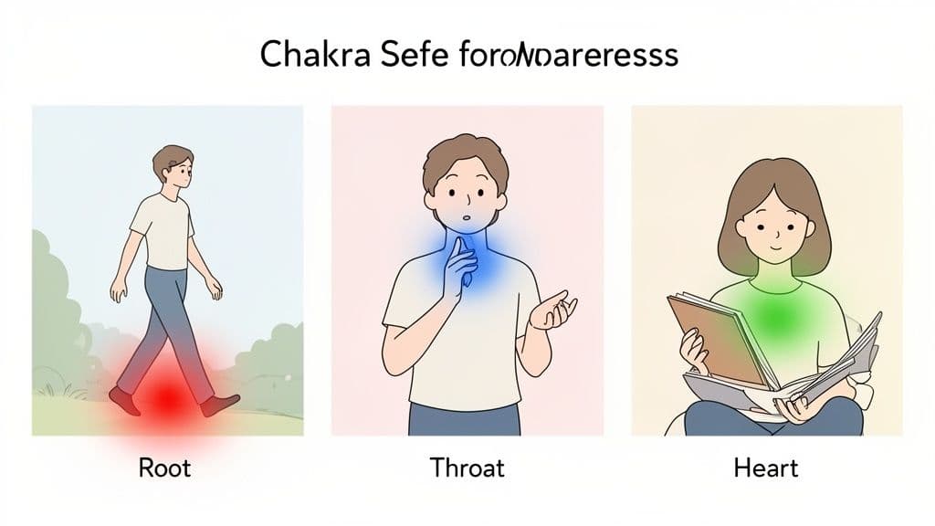 Three illustrations of people showing Root, Throat, and Heart chakras with colored lights.