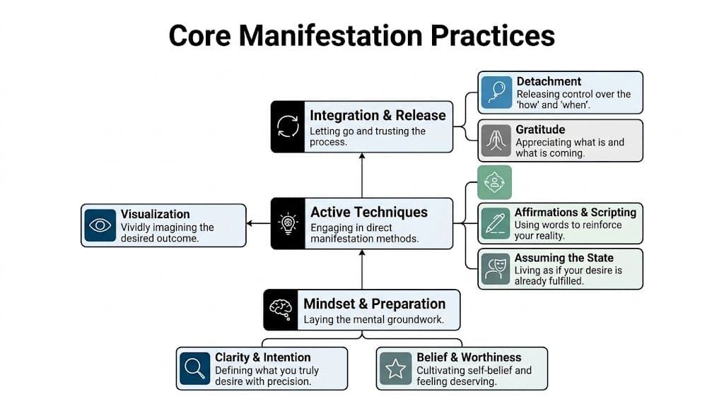 A diagram illustrating core manifestation practices including mindset, active techniques, integration, release, and visualization steps.
