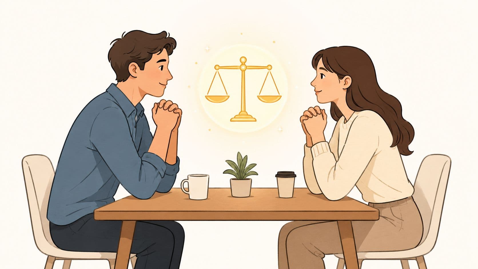 A young couple sitting at a table with a glowing scale icon symbolizing balance between them.