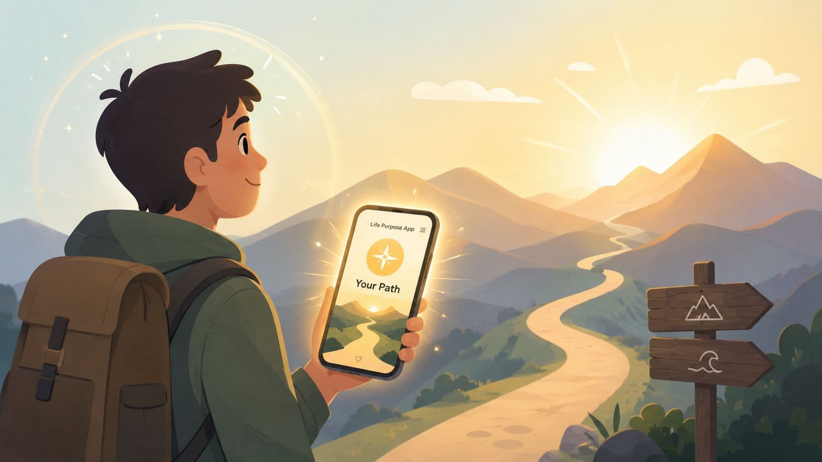 A young hiker with a backpack holds a glowing smartphone showing a life path navigation app.