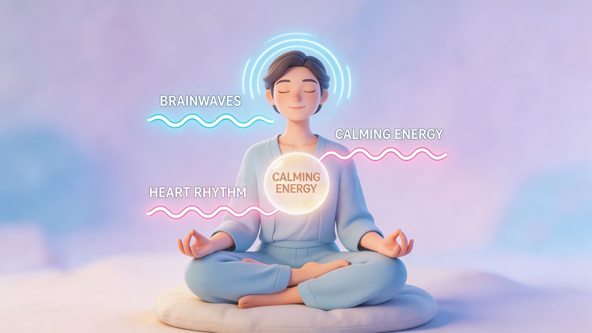 A 3D illustration of a peaceful person meditating with glowing lines representing brainwaves, heart rhythm, and calming energy.