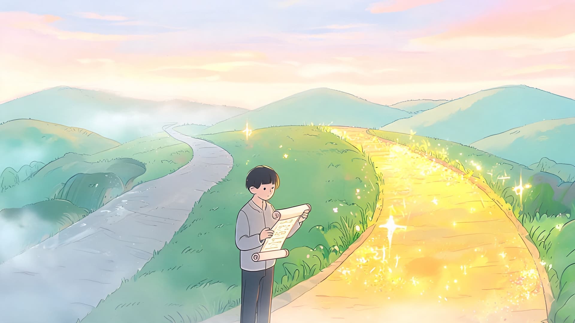 A person standing at a crossroads, holding a scroll while choosing between a simple path and a golden path.