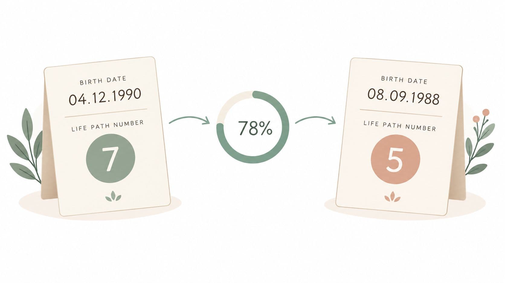 An illustration showing a love compatibility score of 78 percent between two people based on their life path numbers.