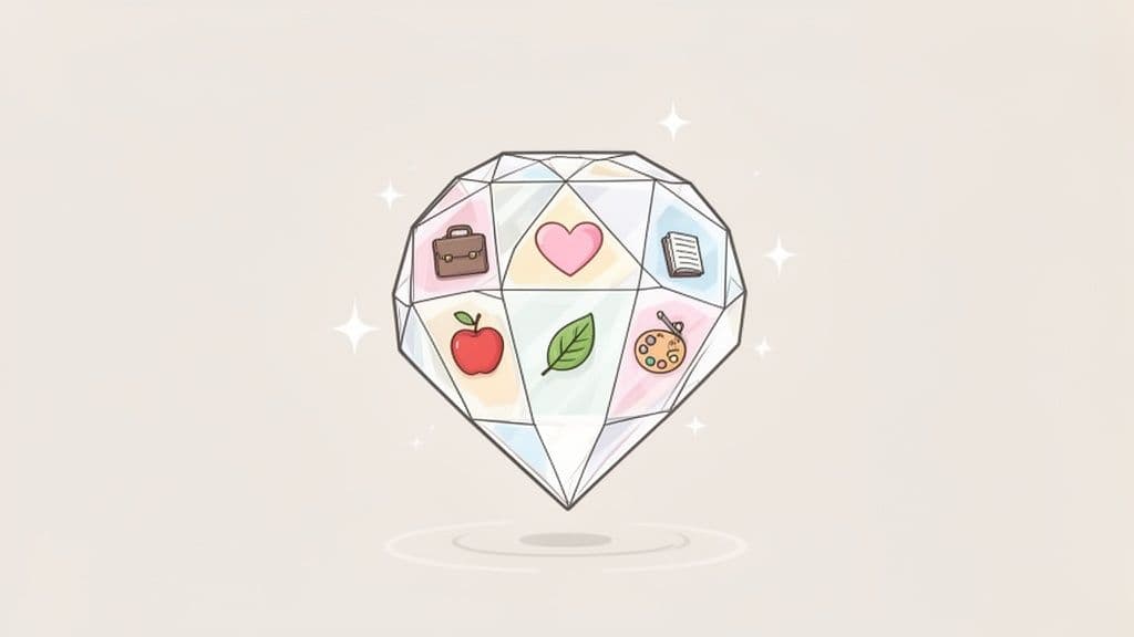 A sparkling diamond-shaped crystal with icons representing career, love, learning, health, nature, and creativity.