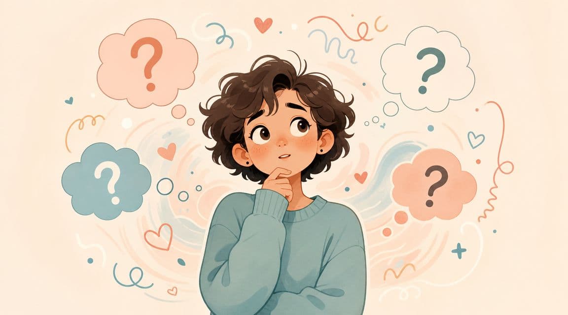 An illustration of a thoughtful person with curly hair surrounded by floating question marks and heart symbols.