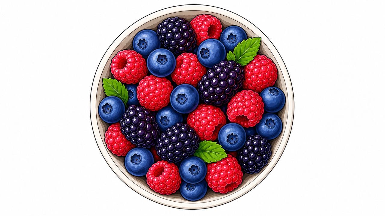 A top-down view of a round bowl filled with fresh raspberries, blueberries, and blackberries and green leaves.