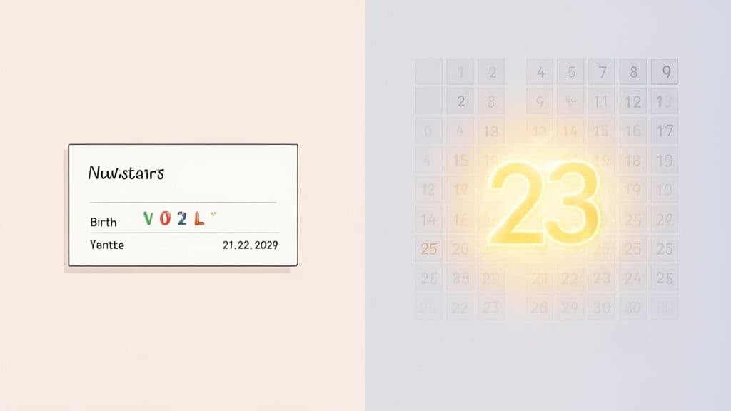 A card displaying 'Birth 21.22.2029' next to a calendar highlighting the number 23.