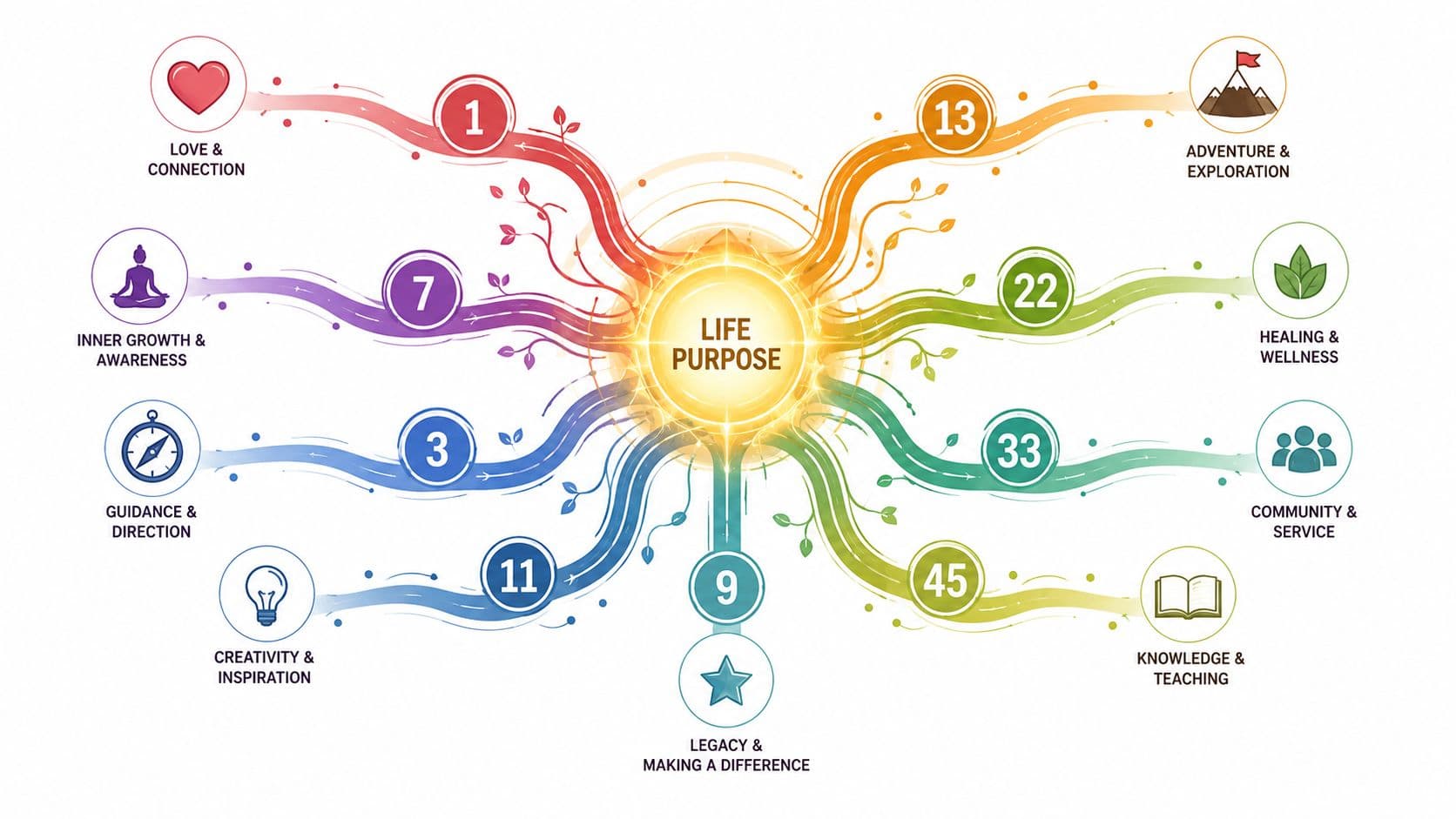 A colorful infographic centered around life purpose, branching out to themes like growth, community, and inspiration.