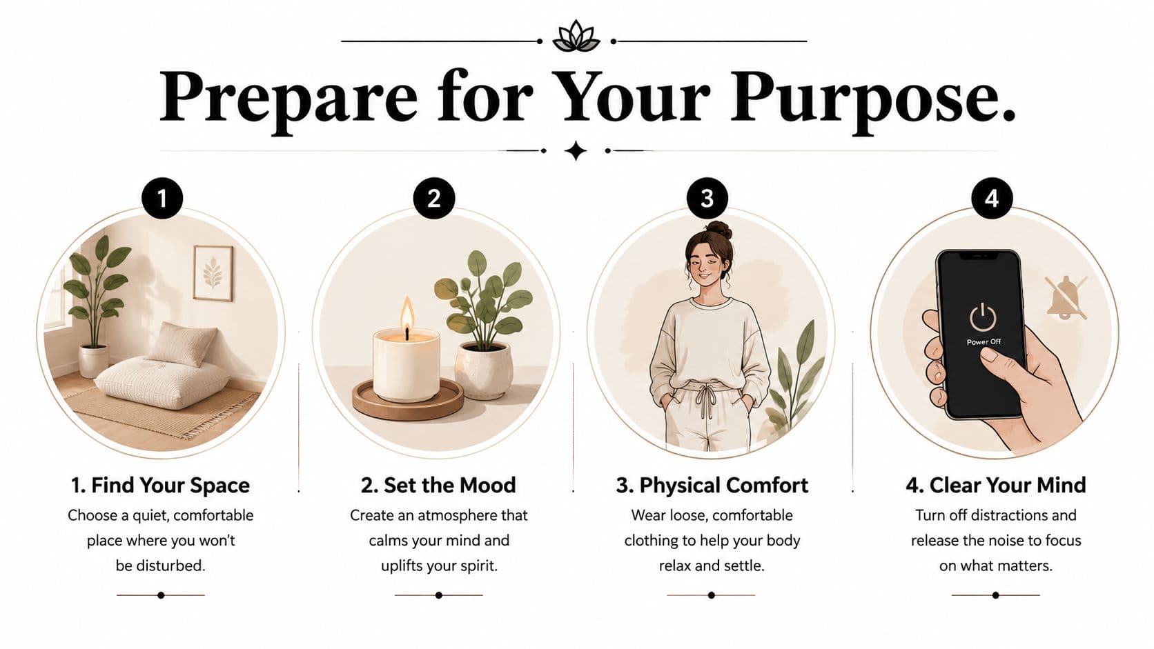 A four-step infographic illustrating how to prepare for life purpose meditation in a calm setting.