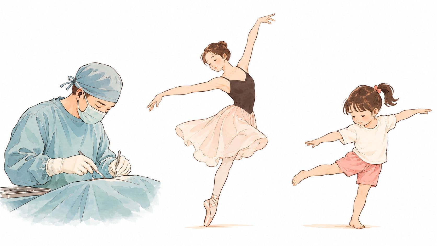 A surgeon operating, a professional ballerina performing, and a young child mimicking ballet moves, showcasing physical skills.