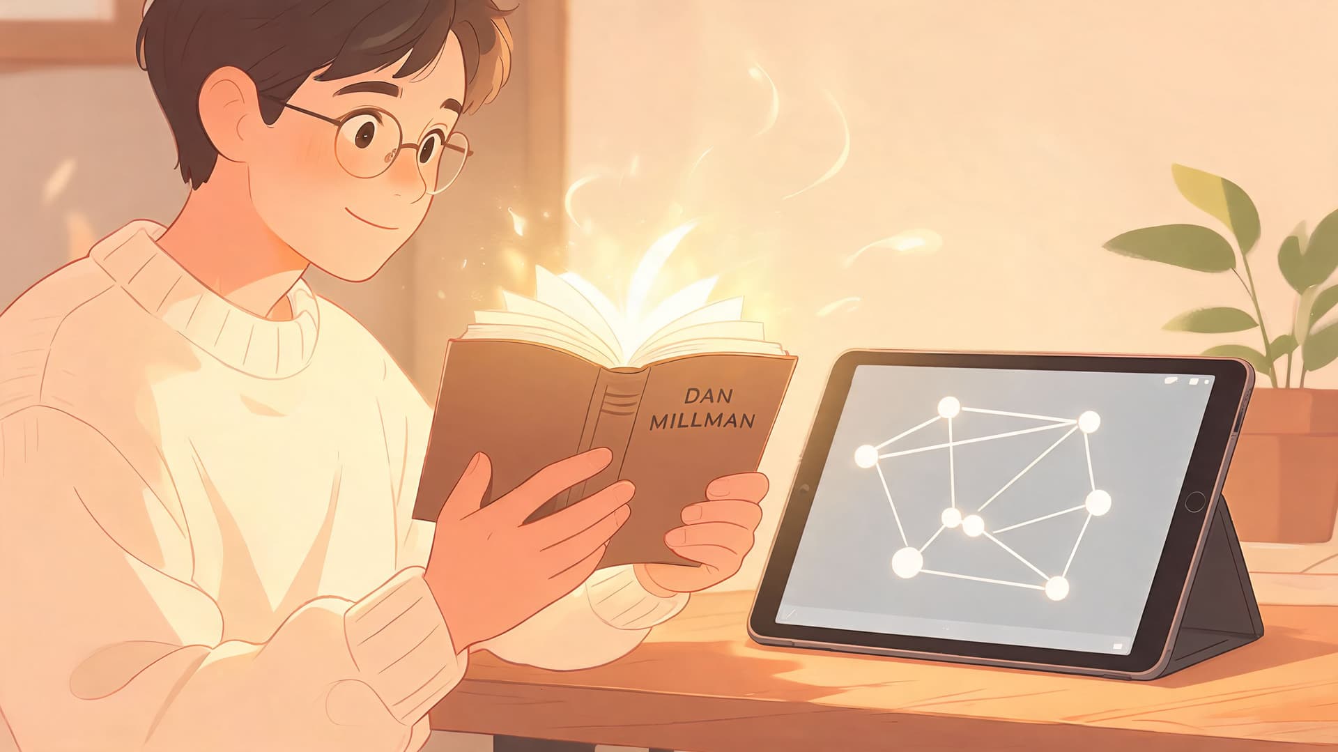 An anime-style boy with glasses reading a glowing magical book by Dan Millman next to a tablet.