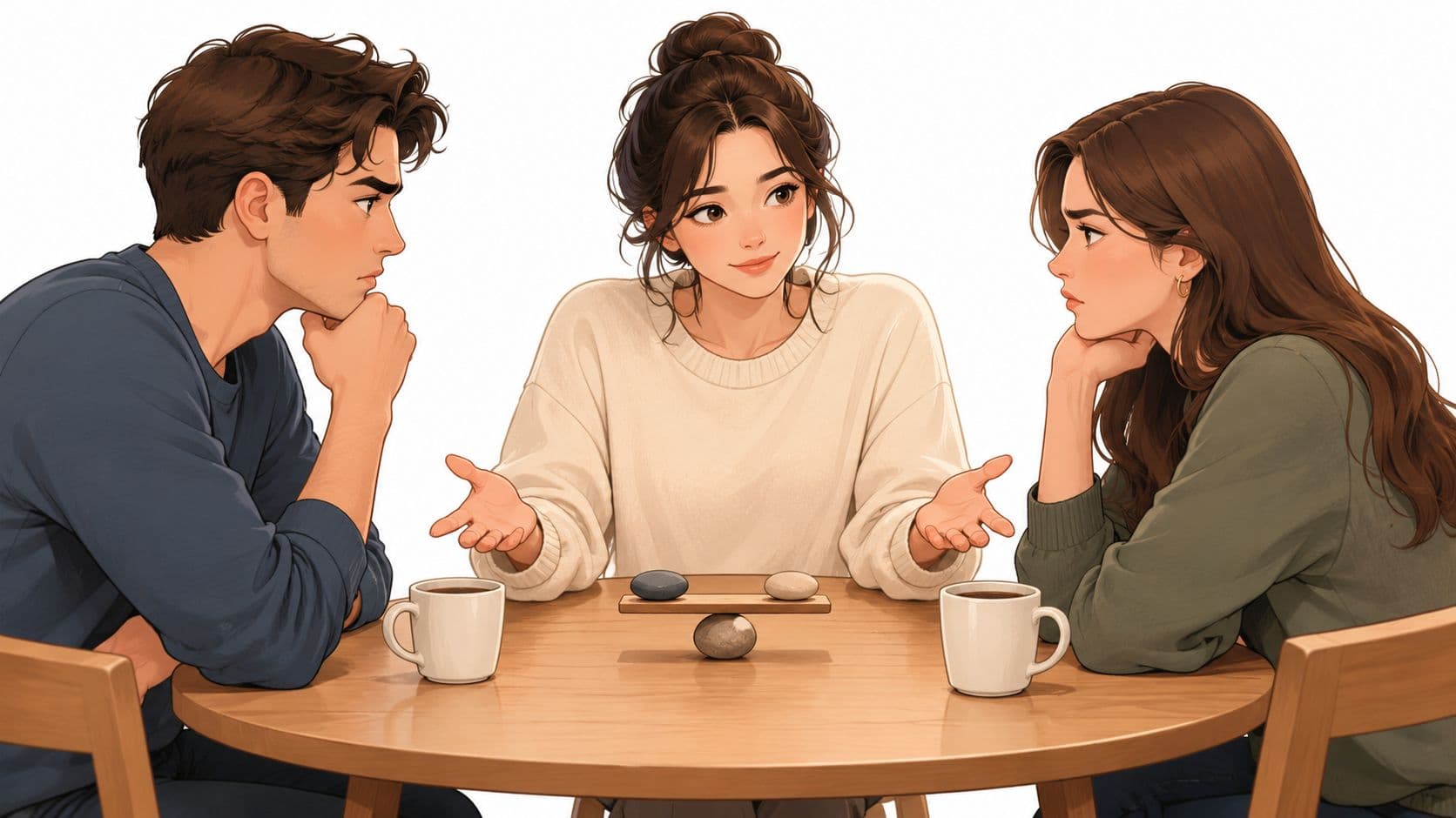 Three people sitting at a wooden table having a serious conversation while looking at a small balance scale.
