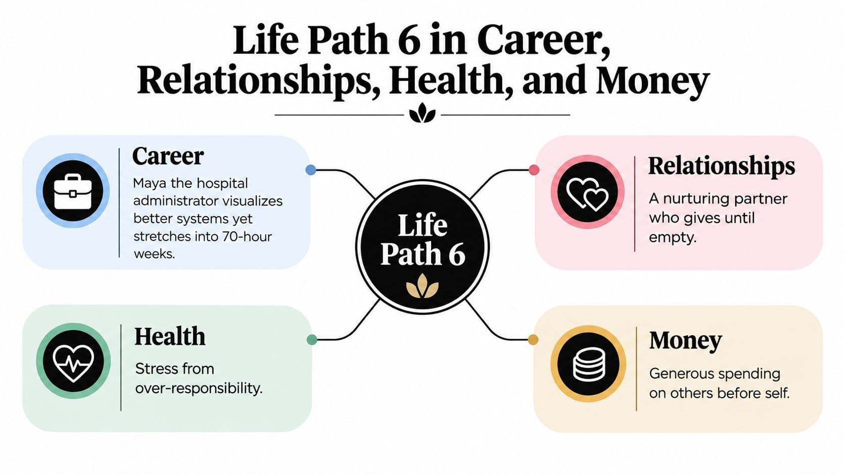 A diagram describing the career, relationship, health, and money aspects of Life Path number 6.