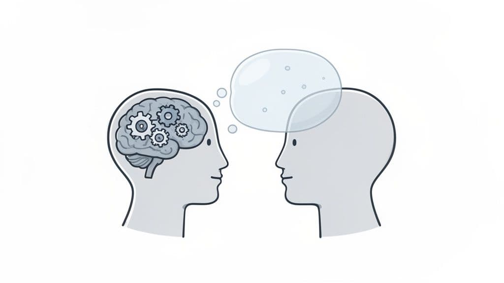 Two profiles face each other, one with a thinking brain and gears, the other with a speech bubble.