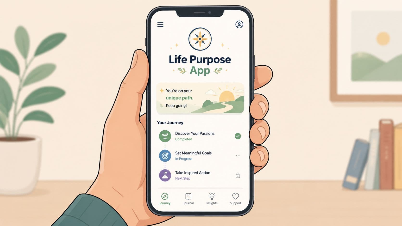 A hand holding a smartphone displaying a life purpose mobile app with a journey tracker interface.
