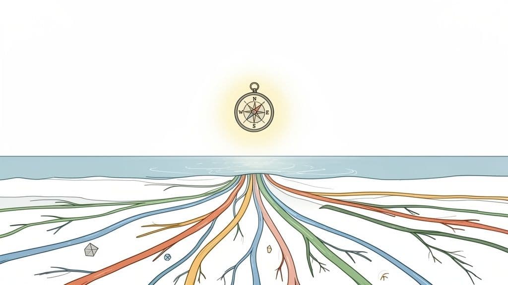 A glowing compass above water, with colorful root-like paths extending into a white landscape, symbolizing guidance.