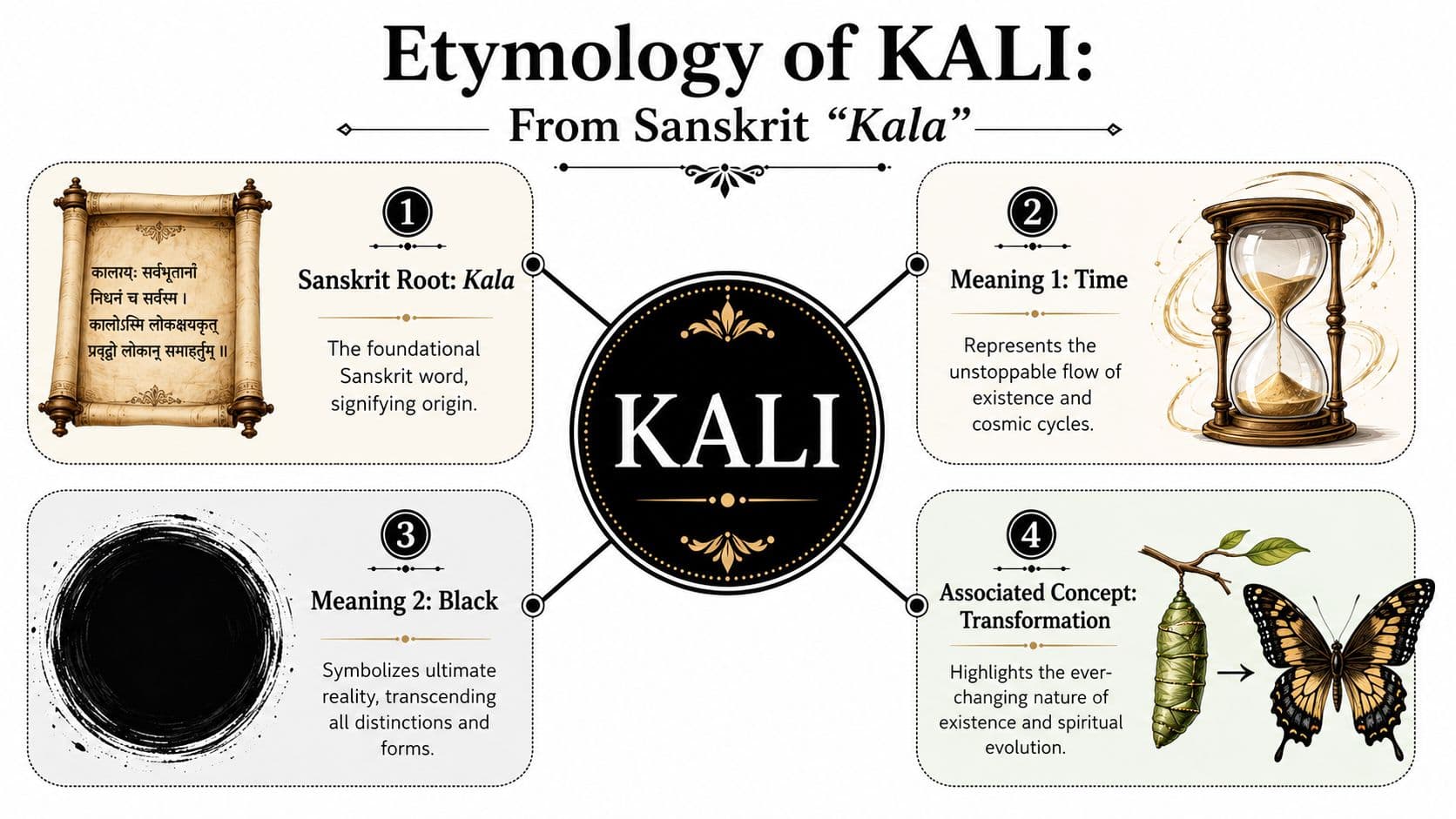 An infographic explaining the etymology of Kali derived from the Sanskrit word Kala with four key meanings.