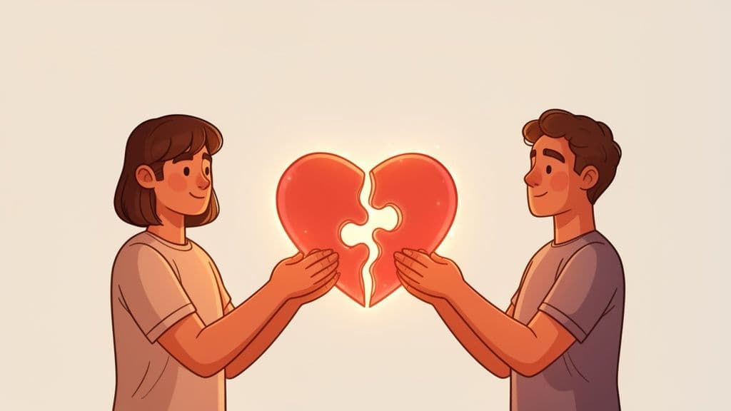 Two people are shown bringing together two halves of a glowing red heart puzzle.
