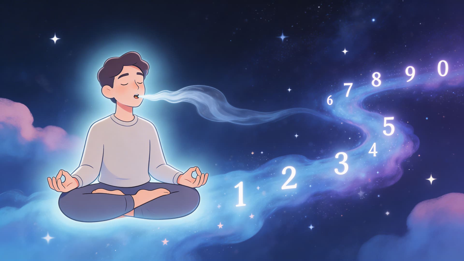A person practicing meditation while exhaling a stream of numbers into a starry night sky.