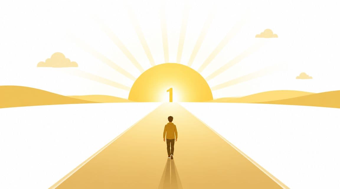 A person walks down a golden road towards a bright sun with the number one in the center.