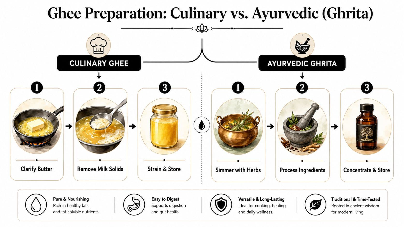 A comparison chart showing the step-by-step preparation processes for culinary ghee and medicinal Ayurvedic Ghrita herbal butter.