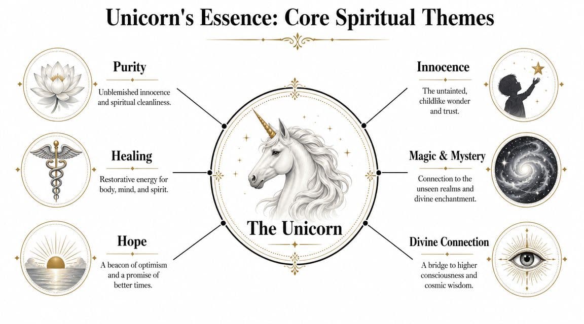 An infographic titled Unicorn's Essence illustrating six spiritual themes like purity, healing, hope, innocence, magic, and connection.
