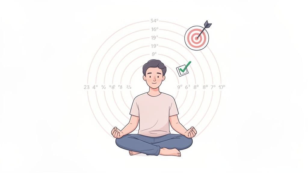 Illustration of a man meditating, surrounded by concentric circles, numerical data, a target, and a checkmark, suggesting focus.