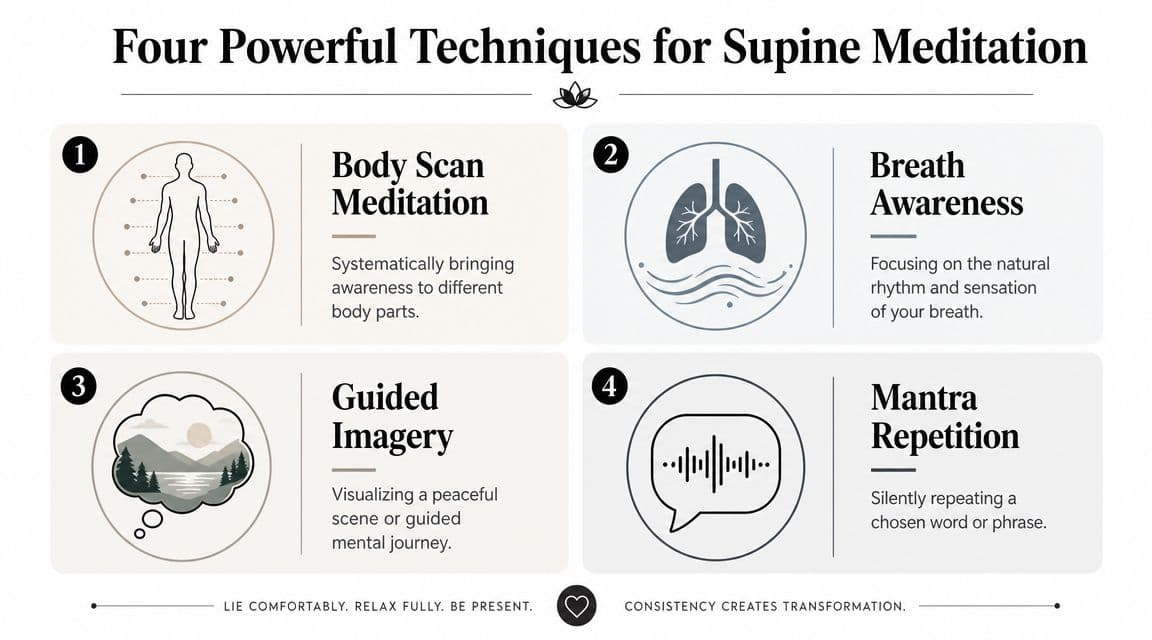 An infographic showing four powerful techniques for supine meditation: body scan, breath awareness, guided imagery, and mantra repetition.