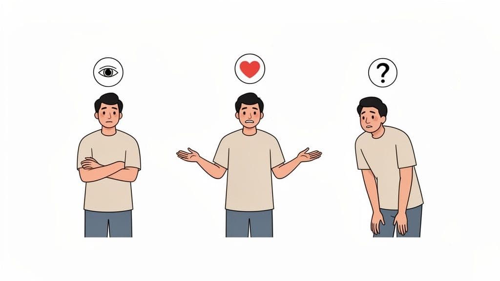 Three men illustrate social awareness with symbols for observation, emotion, and questioning.