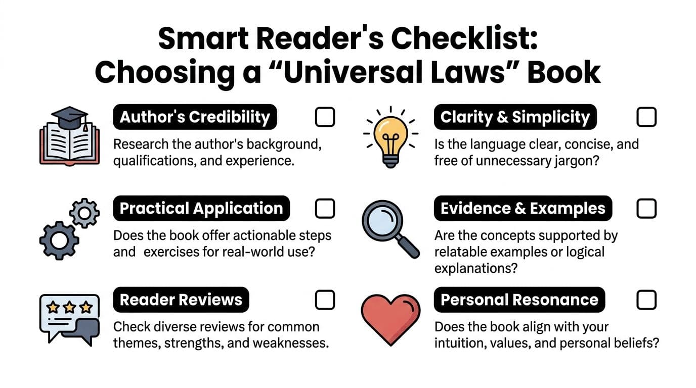 A checklist for selecting Universal Laws books, highlighting criteria like author credibility, practical application, and personal resonance.