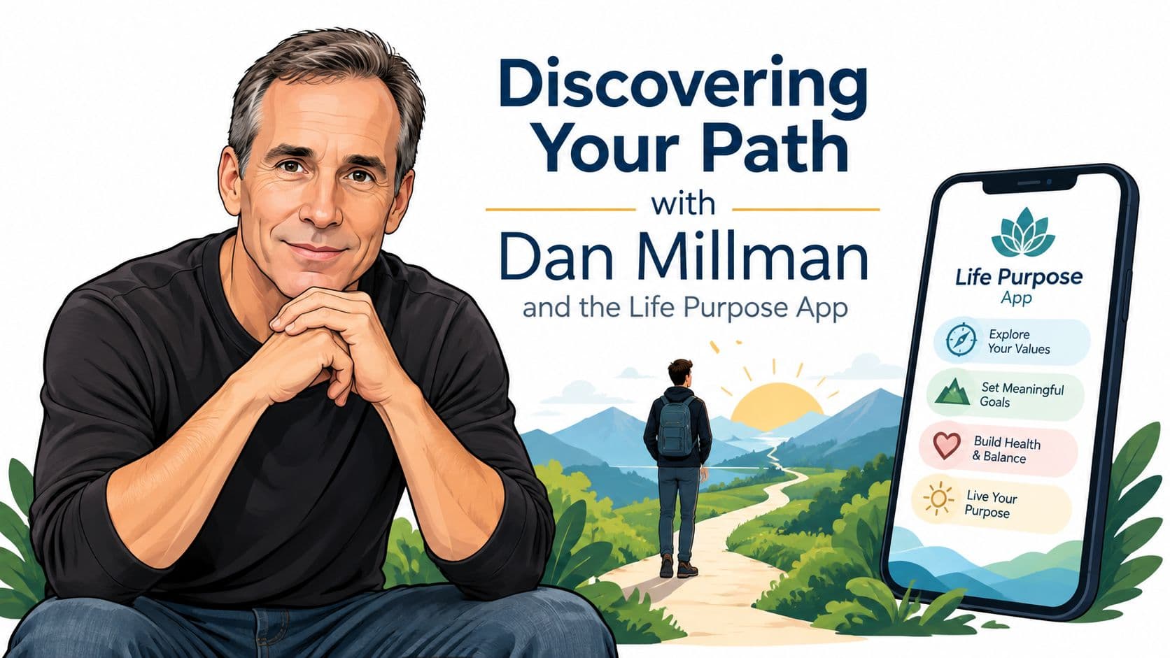 Dan Millman smiling beside an illustration of a hiker and the Life Purpose App interface.