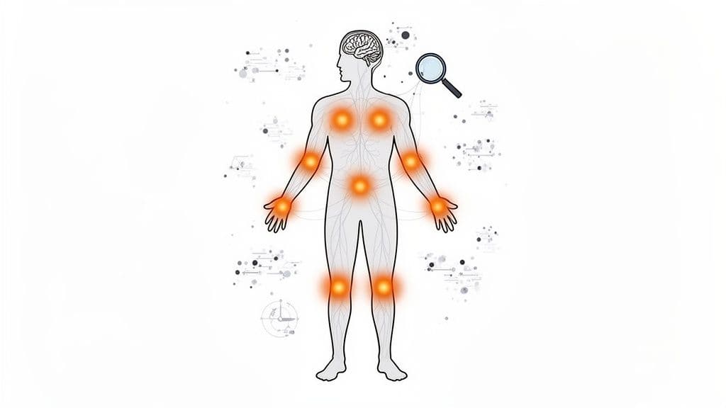 Illustration of a human body with glowing orange spots, a visible brain, and a magnifying glass, depicting internal focus.