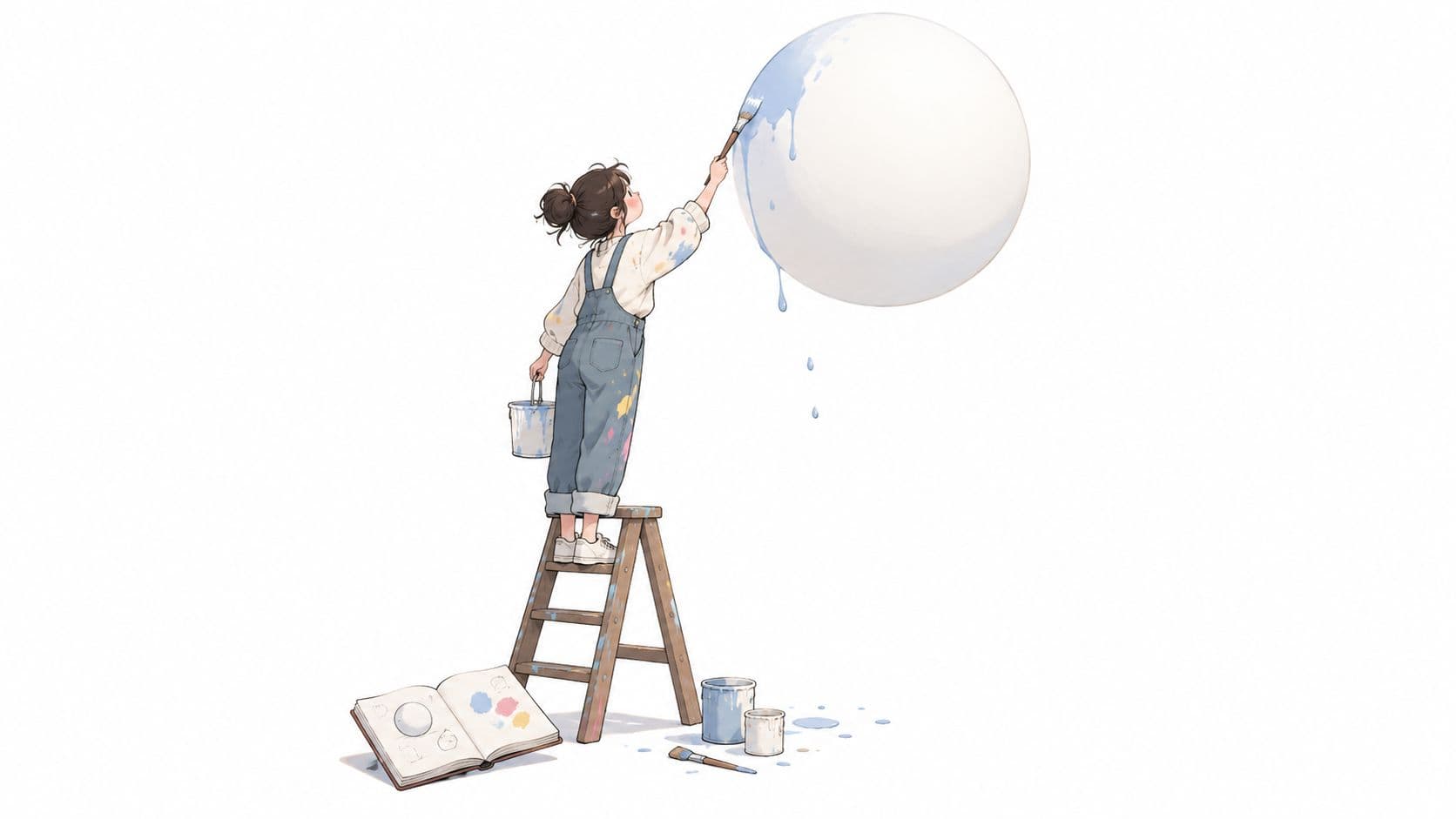 A girl standing on a stepladder paints a large white sphere with blue paint against white background.