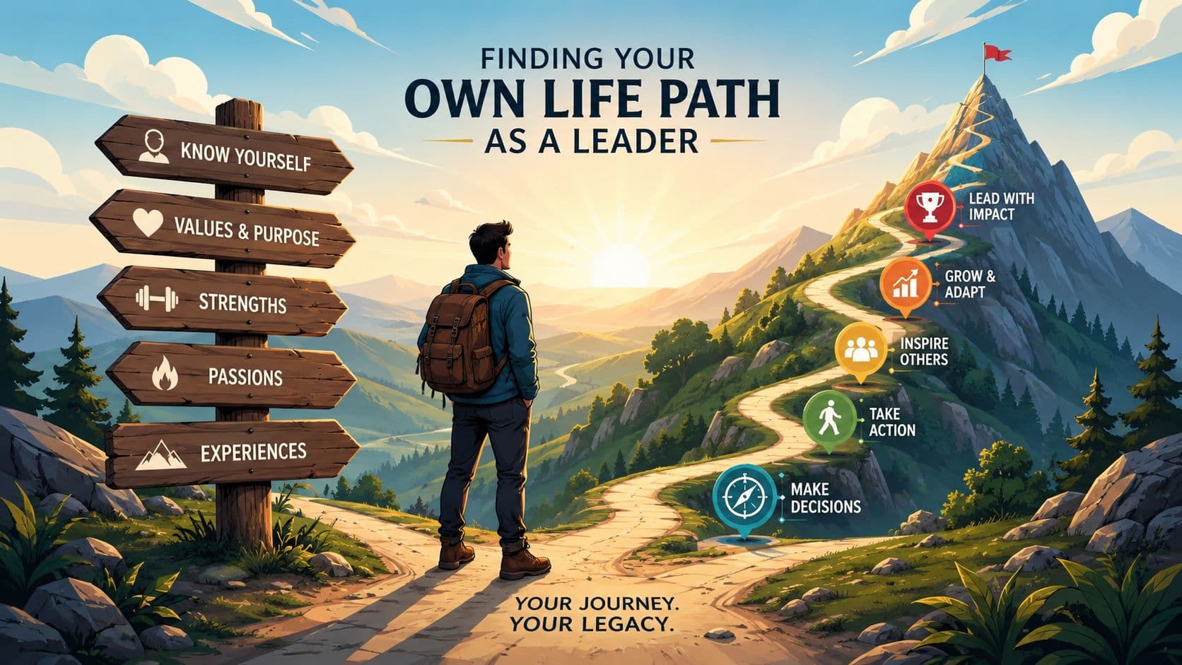 A hiker looking at a mountain path with signs for personal growth, leadership, and purpose.