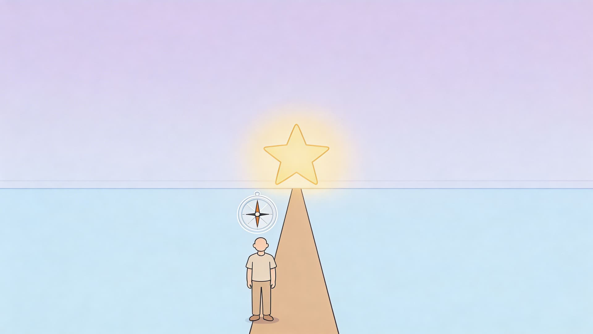 A minimalist illustration showing a person standing on a path leading toward a glowing yellow star.