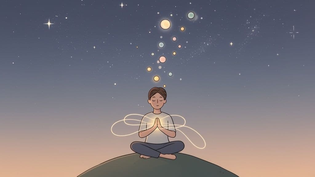A person meditating on a hill under a starry sky, with colorful glowing orbs rising.