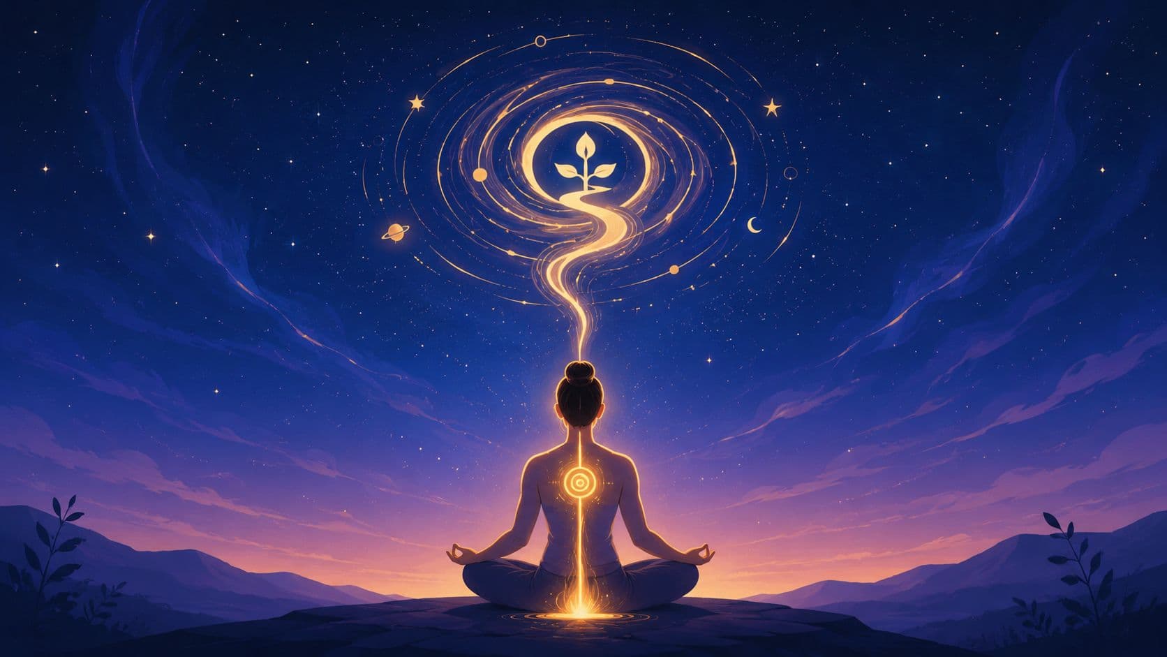 A person meditating on a mountain under a starry night sky with a glowing spiritual energy connection.