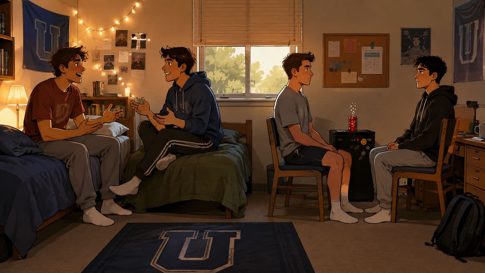 Four college students sitting in a cozy dormitory room having friendly conversations during their spare time.