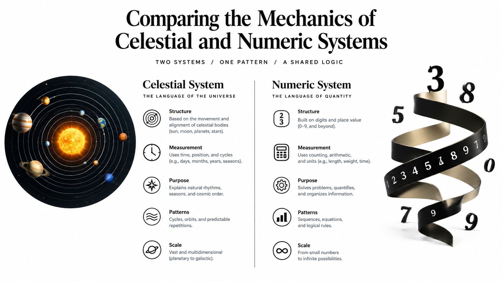 An infographic comparing the celestial system and the numeric system, highlighting their shared logic and structural patterns.